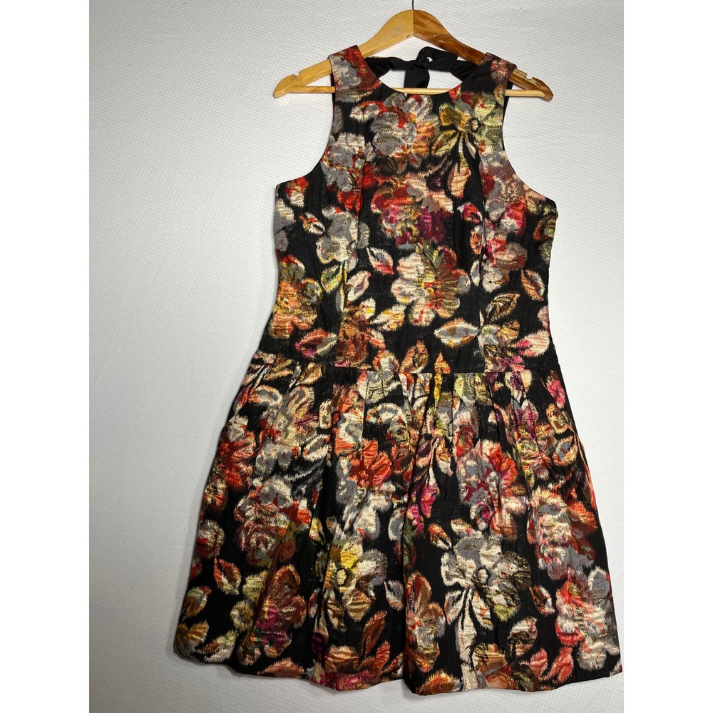 Leifsdottir Floral Brocade Dress Womens 12 Black Gold Metallic Jacquard Mini